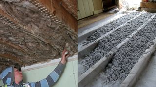 Person insulating a suspended timber floor from below and floor insulation from above