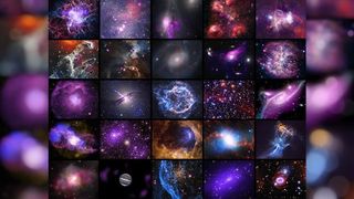 a grid displays 25 different images of galaxy, nebula and other space phenomeonon, shown brilliantly with many colors. This image shows a collection of 25 new space images celebrating the Chandra X-ray Observatory's 25th anniversary. The images are arranged in a grid, displayed as five images across in five separate rows. Starting from the upper left, and going across each row, the objects imaged are: Crab Nebula, Orion Nebula, The Eyes Galaxies, Cat's Paw Nebula, Milky Way's Galactic Center, M16, Bat Shadow, NGC 7469, Virgo Cluster, WR 124, G21.5-0.9, Centaurus A, Cassiopeia A, NGC 3532, NGC 6872, Hb 5, Abell 2125, NGC 3324, NGC 1365, MSH 15-52, Arp 220, Jupiter, NGC 1850, MACS J0035, SN 1987A.