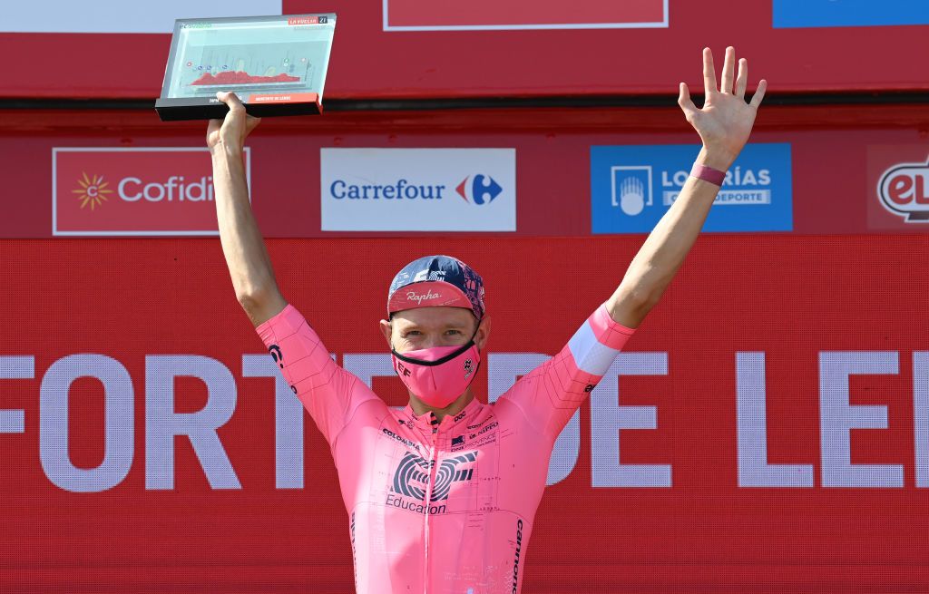 MONFORTE DE LEMOS SPAIN SEPTEMBER 03 Magnus Cort Nielsen of Denmark and Team EF Education Nippo celebrates winning the stage on the podium ceremony after the 76th Tour of Spain 2021 Stage 19 a 1912 km stage from Tapia to Monforte de Lemos lavuelta LaVuelta21 on September 03 2021 in Monforte de Lemos Spain Photo by Stuart FranklinGetty Images