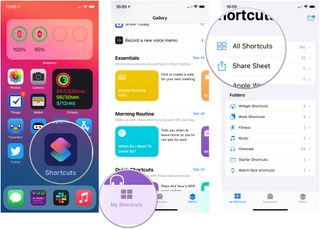Duplicate shortcuts in iOS 14, showing how to open Shortcuts, then tap My Shortcuts, then tap All Shortcuts
