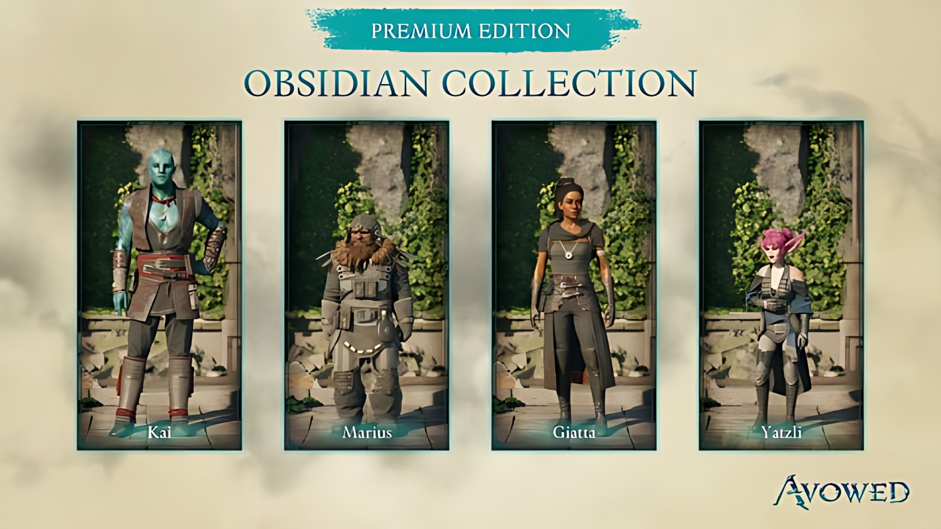 Images of Obsidian and Eora skins for companions in Avowed. Obsidian are black and grey clothing.