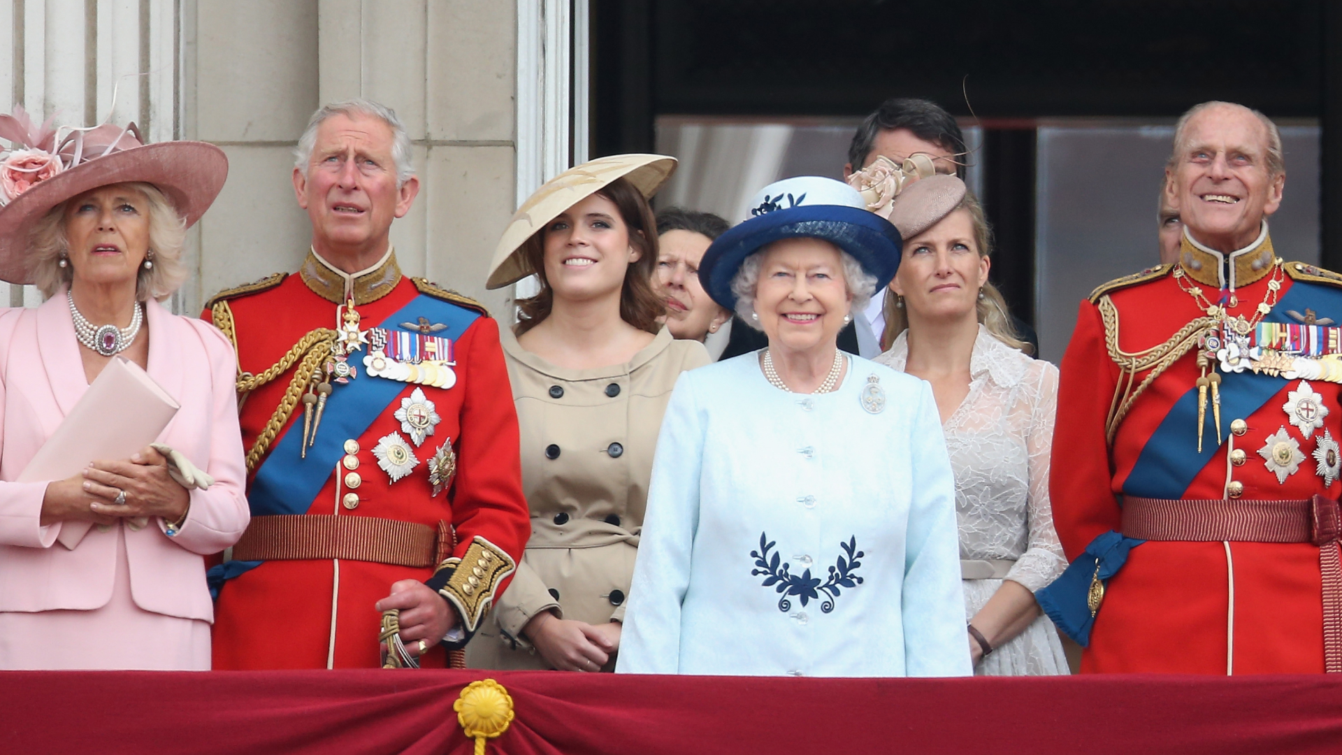 Queen Elizabeth, Prince Charles, Prince Philip, Princess Eugenie and Duchess Sophie on the balcony at Buckingham Palace in 2014