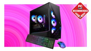 An iBuyPower Slate gaming PC on a pink background