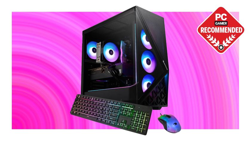 An iBuyPower Slate gaming PC on a pink background