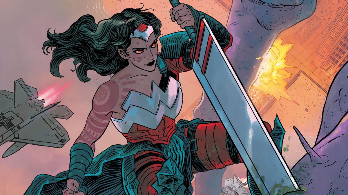 Wonder Woman wields her sword.