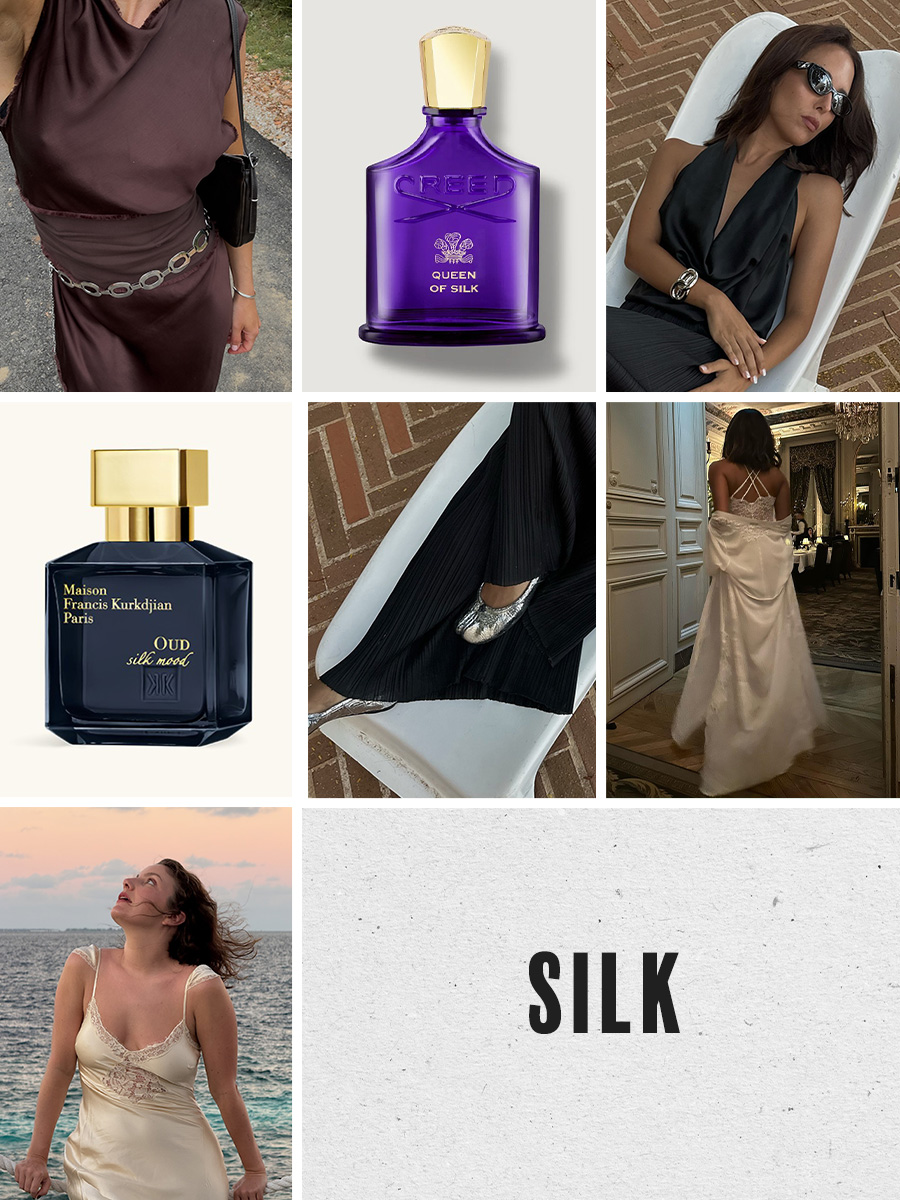 A collage of silky outfits and silk-inspired perfumes