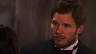 Chris Pratt as Andy Dwyer in Parks and Recreation looking at April