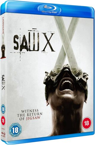 A man with fluroescent light tubes attached to his eyes on the cover of the Saw X Blu-ray.