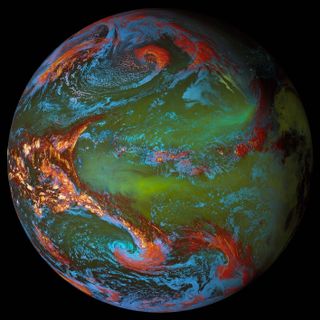 A picture of Earth colored red, blue and green to show land masses, oceans and atmospheric elements.