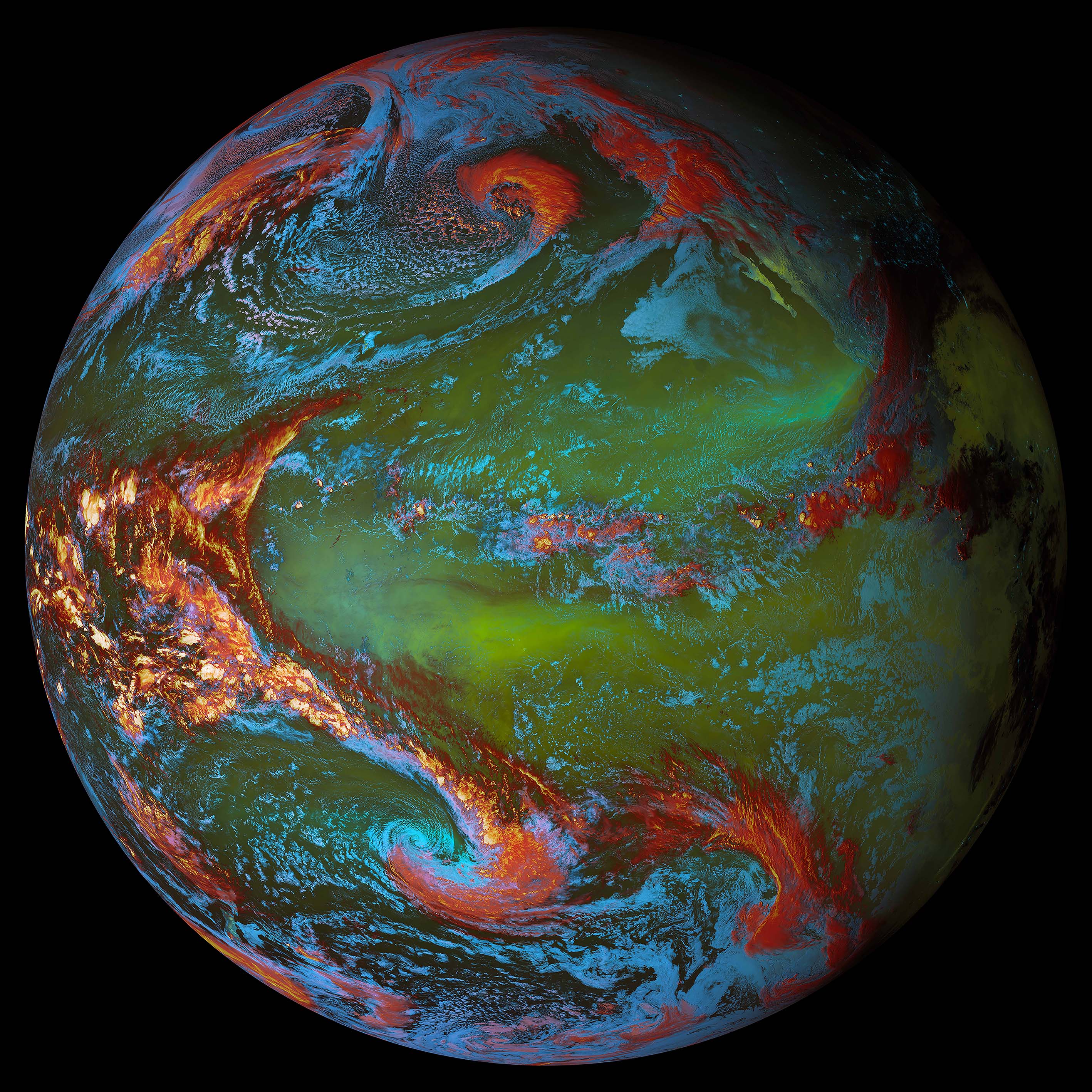 Uma imagem da Terra colorida em vermelho, azul e verde para mostrar massas de terra, oceanos e elementos atmosféricos.