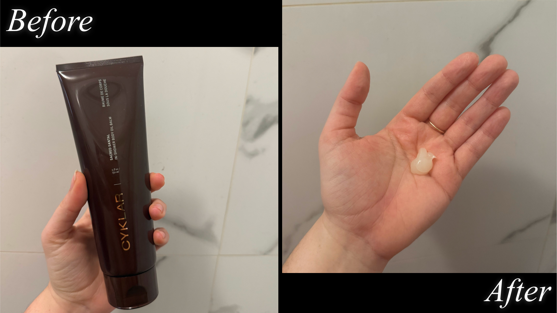 Split image of hand holding up cyklar in-shower body oil balm and hand with product in it on black background with &quot;before&quot; and &quot;after&quot; text