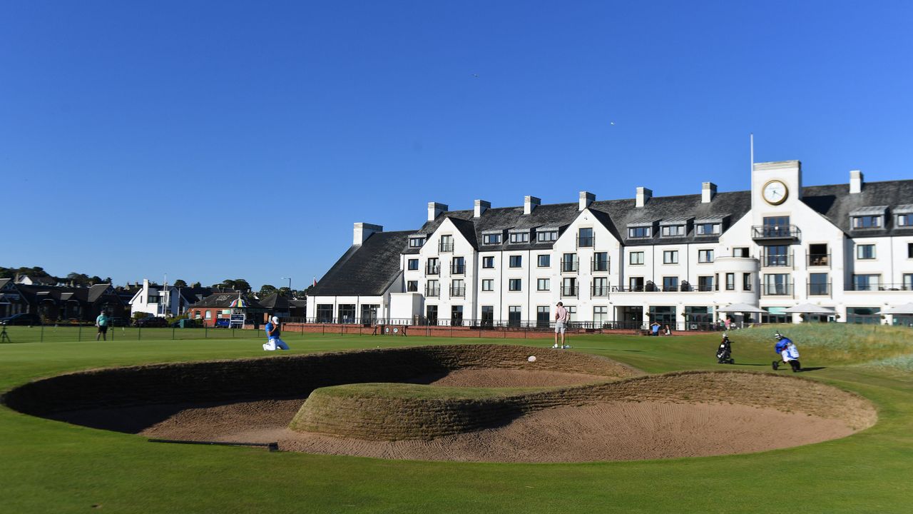 The 18th green and clubhouse at Carnoustie