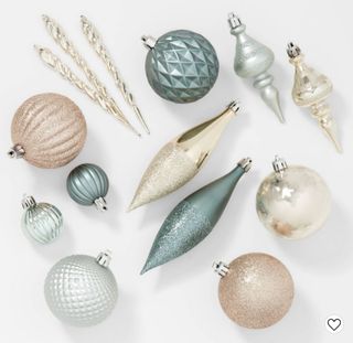 selection of Christmas baubles, teal, silver and gold