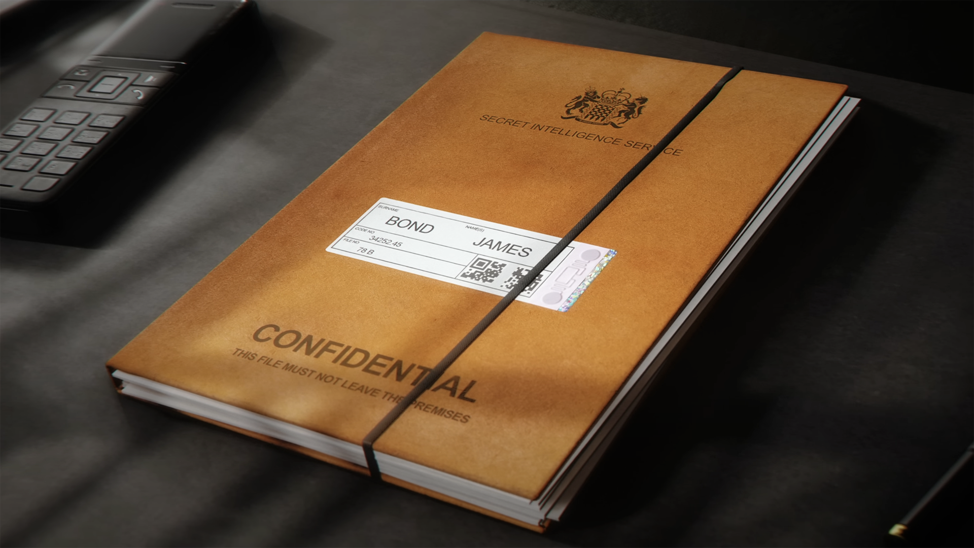 007 First Light screengrab – confidential dossier with &quot;James Bond&quot; name on the front, sitting on a desk