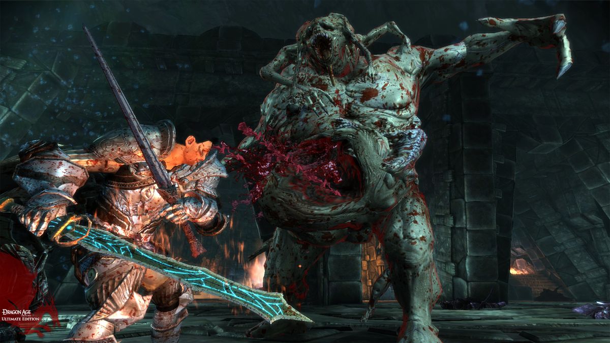 A screen shot of a man about to attack a large enemy in Dragon Age: Origins - Ultimate Edition.