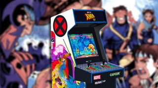 X-Men arcade1up cabinet with X-Men vs Street Fighter key art in backdrop