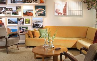 a retro living room with a nature photo wall