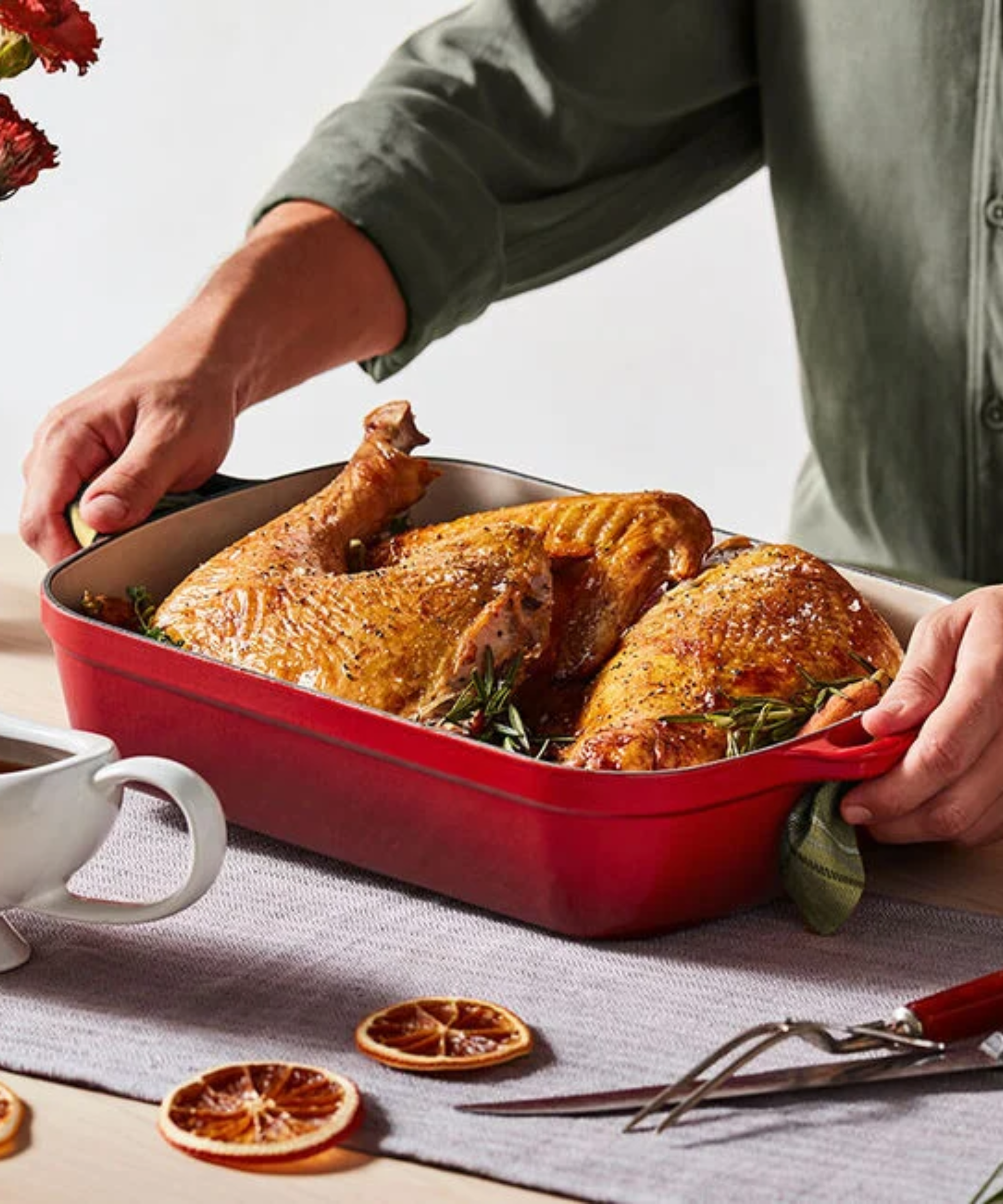 Le Creuset Signature Roaster serving a meal