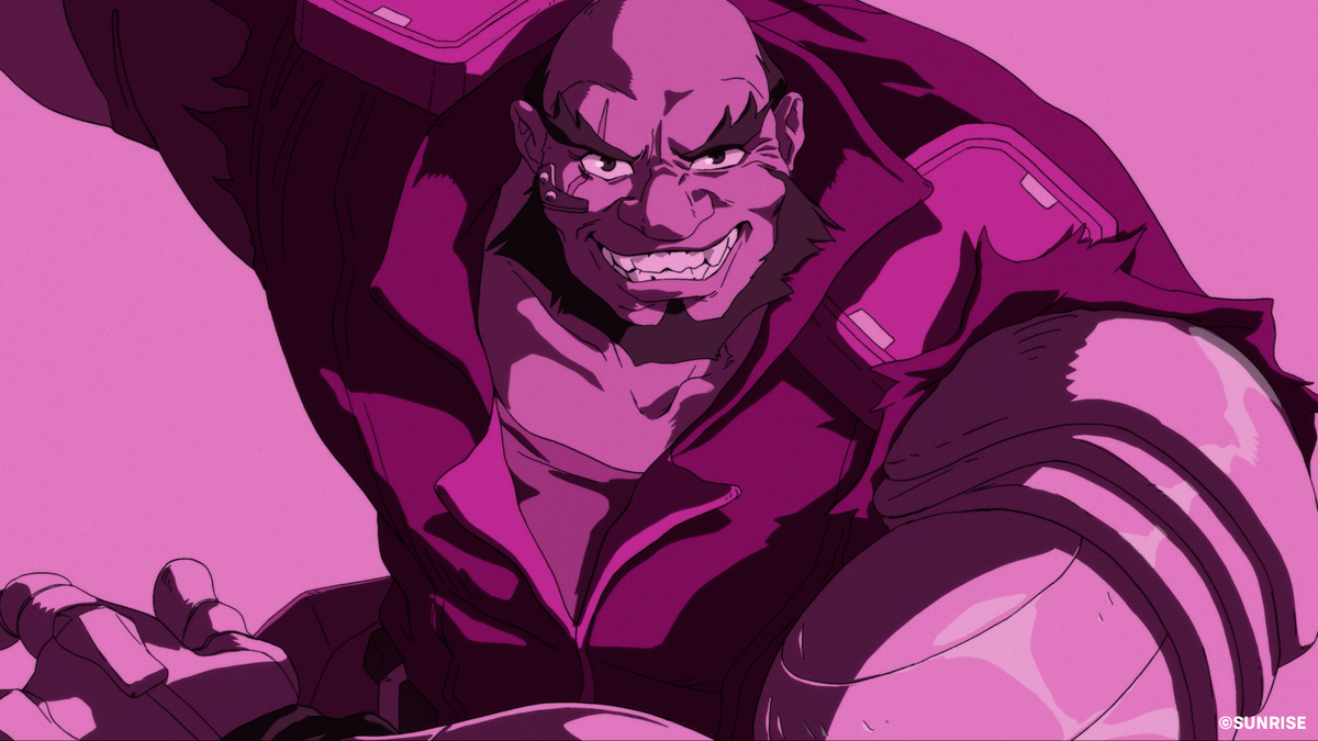 Stylized art of Overwatch 2 character Mauga as Cowboy Bebop's Jet Black