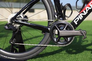 Image shows Shimano drivechain fitted to a Pinarello F7 road bike