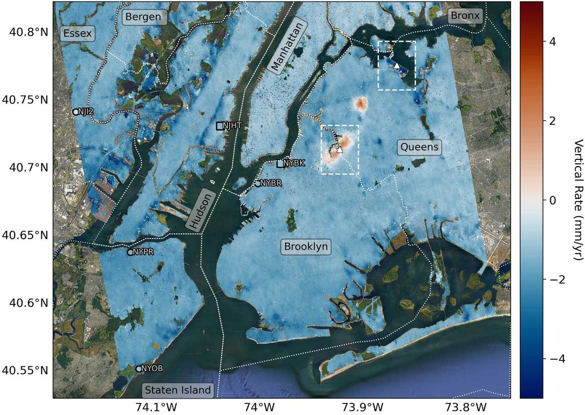 A map showing the vertical land motion of New York City; blue indicates sinking, while red indicates rising.