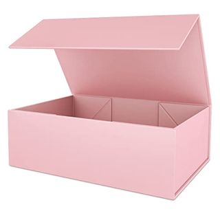 A large pink cardboard box with a magnetic folding lid. Open