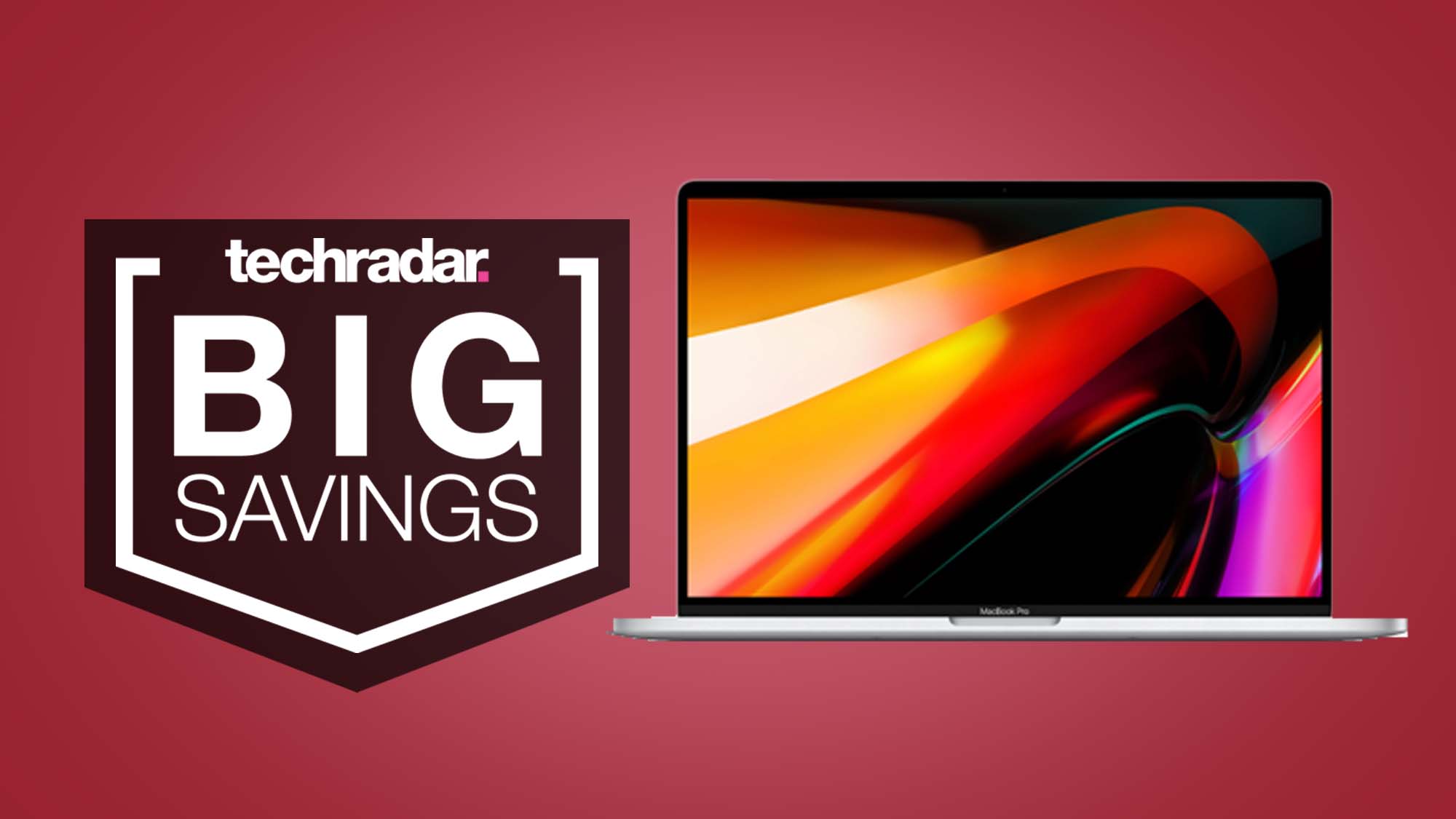 A MacBook Pro 16-inch against a red background with a TechRadar Big Savings badge