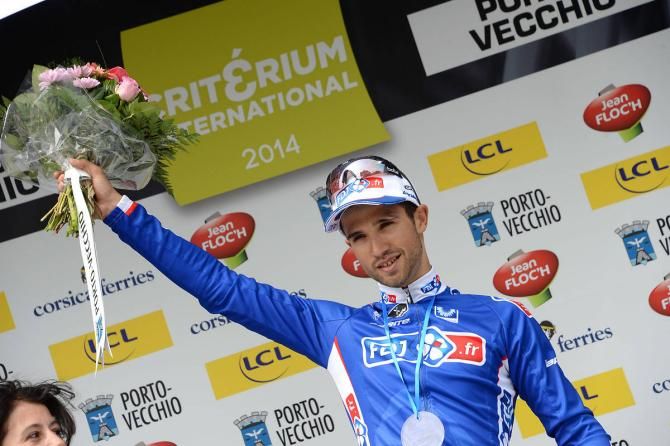 Nacer Bouhanni (FDJ.fr) on the podium after winning the opening stage of Crit&eacute;rium International