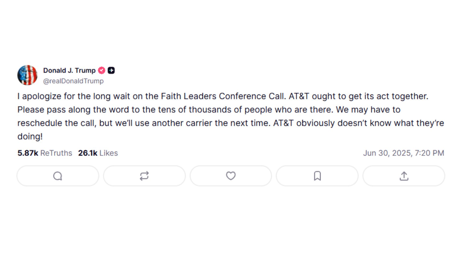 A screenshot from Donald Trump's Truth Social account, complaining about AT&T's coverage
