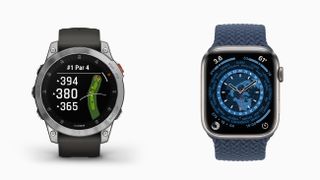 Product shots of the Garmin Epix 2 and Apple Watch 7