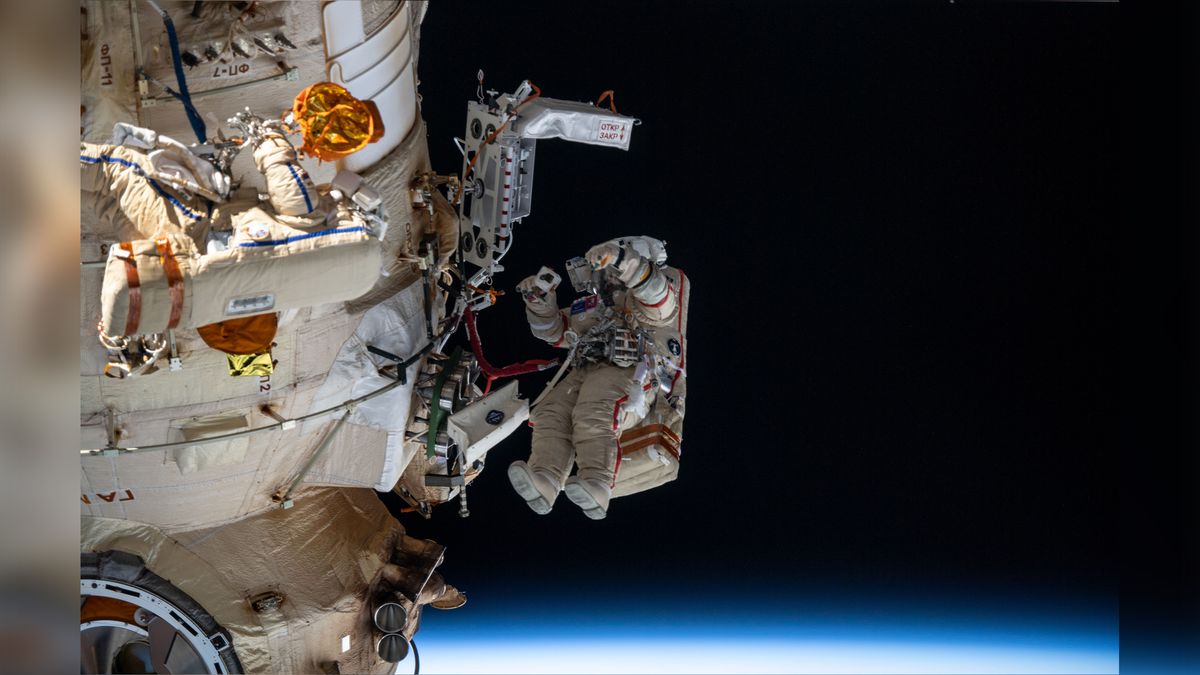 Cosmonauts (from left) Denis Matveev and Oleg Artemyev worked outside the International Space Station&#039;s Russian segment for 6 hours and 37 minutes outfitting Nauka and configuring the European robotic arm in April 2022.