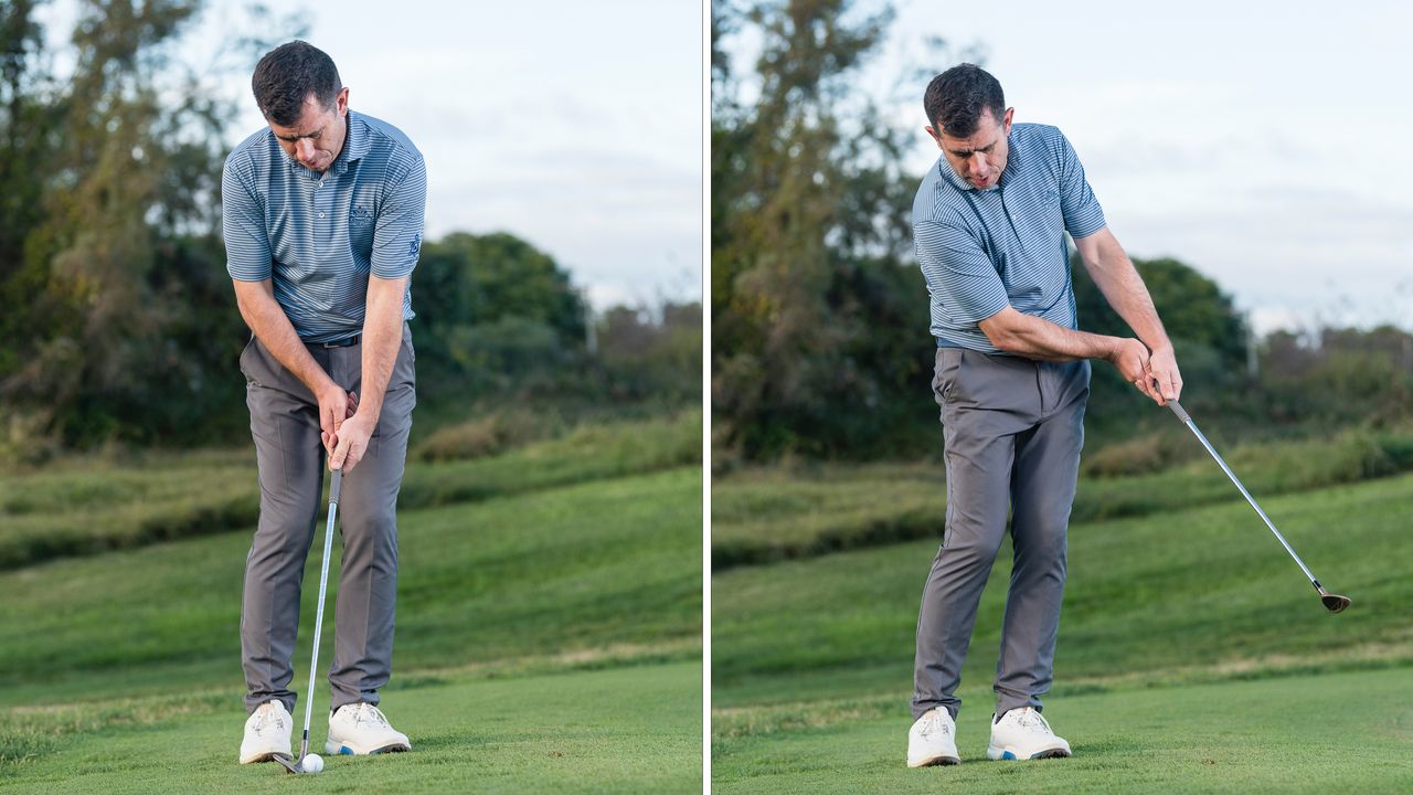 PGA pro Dan Grieve hitting a chip shot at Infinitum Golf Resort in Spain