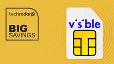 Visible Wireless branded sim card on yellow background with big savings text overlay