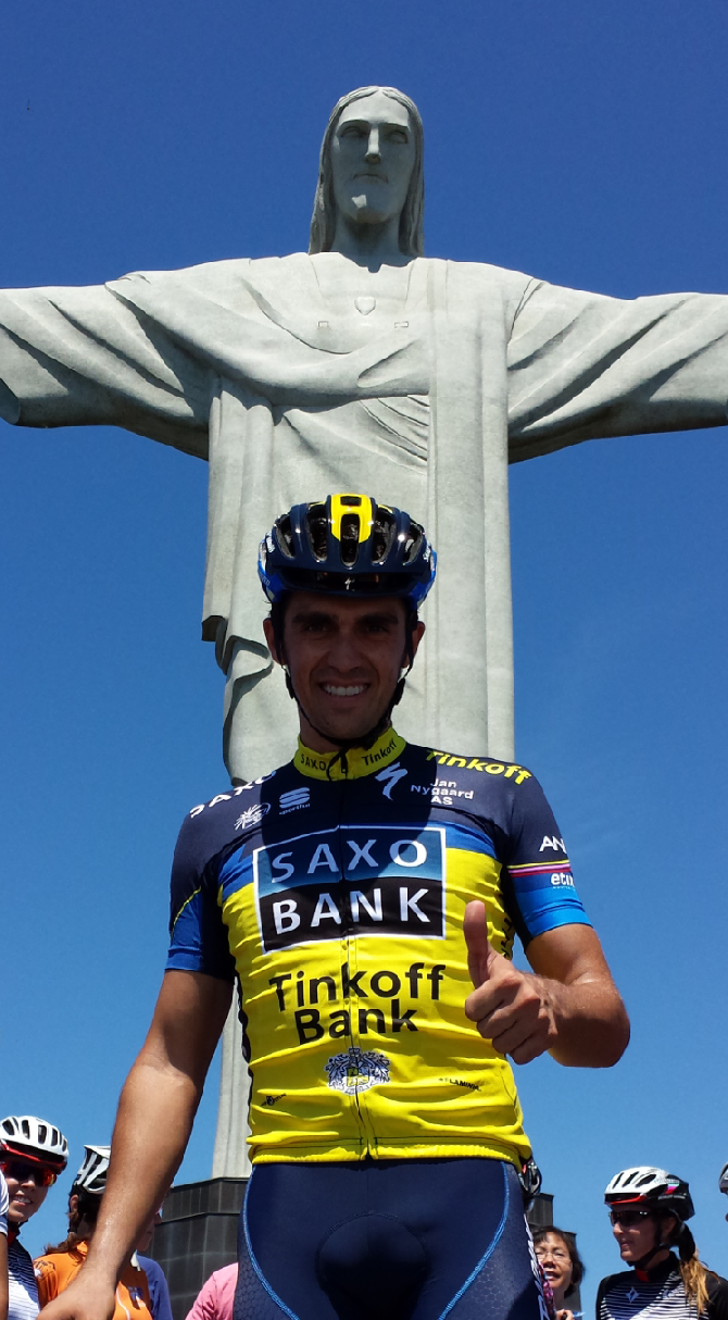 Alberto Contador poses for a photograph in front of Corcovado mountain in Brazil