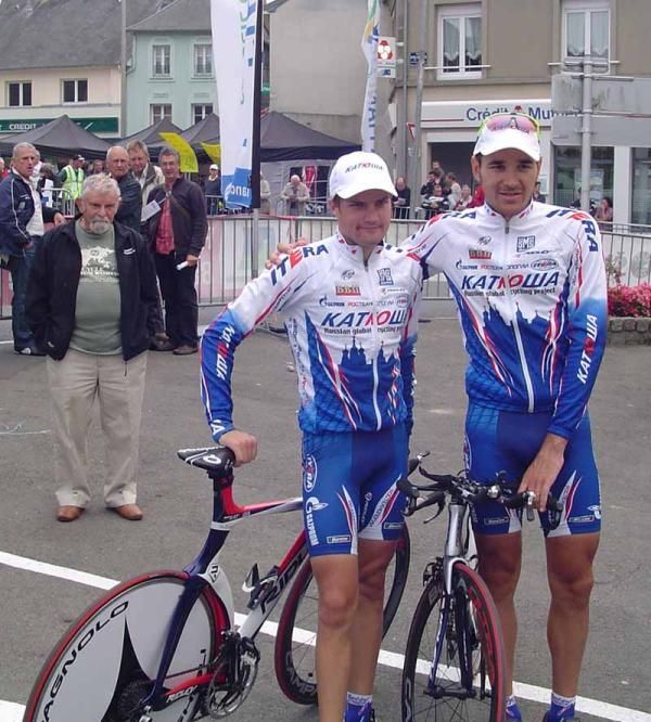 Katusha's Nikolai Trusov and Artem Ovechkin after their winning ride