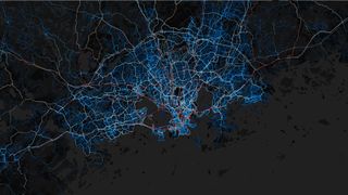 Strava heat map showing peoples commuting routes in a city