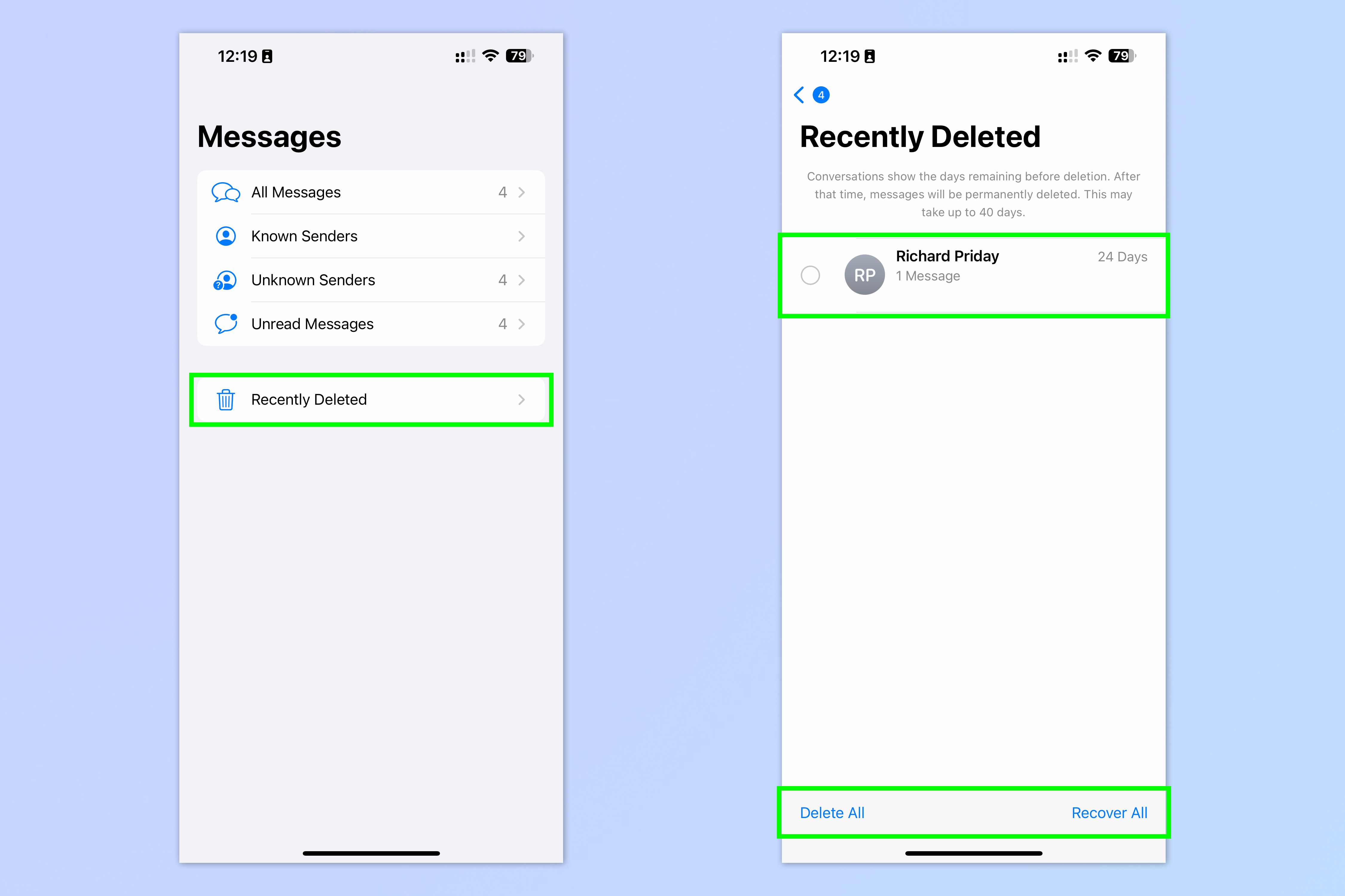 Снимок экрана, показывающий, как восстановить удаленные сообщения в сообщениях iOS.