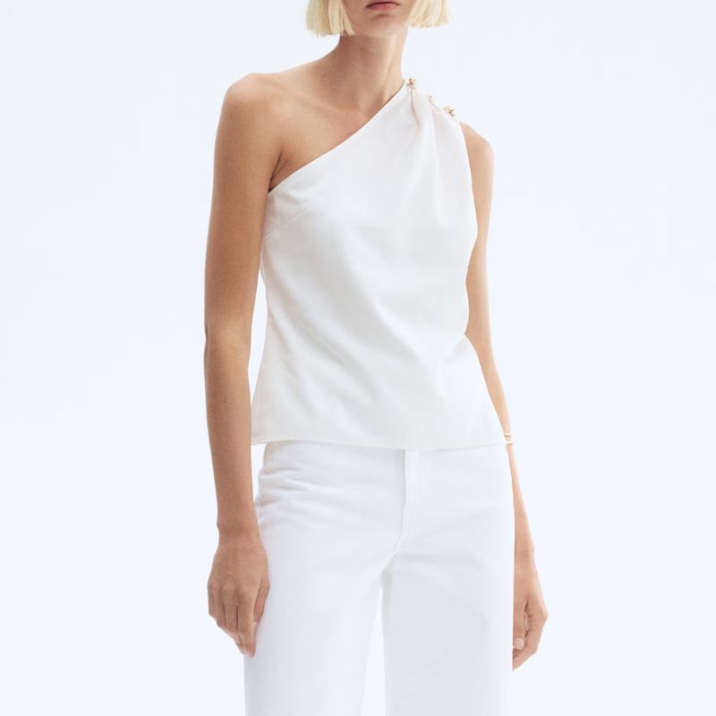 Button-detail one-shoulder top on model
