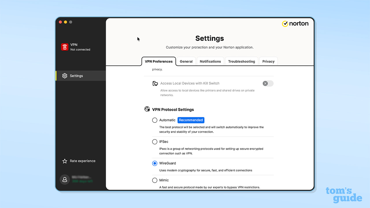 Screenshot of Norton VPN's Mac settings showing WireGuard as one of the available protocols