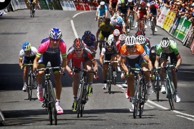 Ulissi charges to the line after coming past Gerrans and Evans