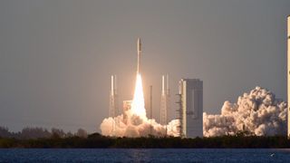 A United Launch Alliance Atlas V rocket carrying two military satellites on the AFSPC-11 mission launches from Cape Canaveral Air Force Base on April 14, 2018.