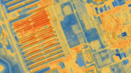 An orange, yellow, and blue heat image showing rows of orange heated architecture in the middle of an urbanized area. 