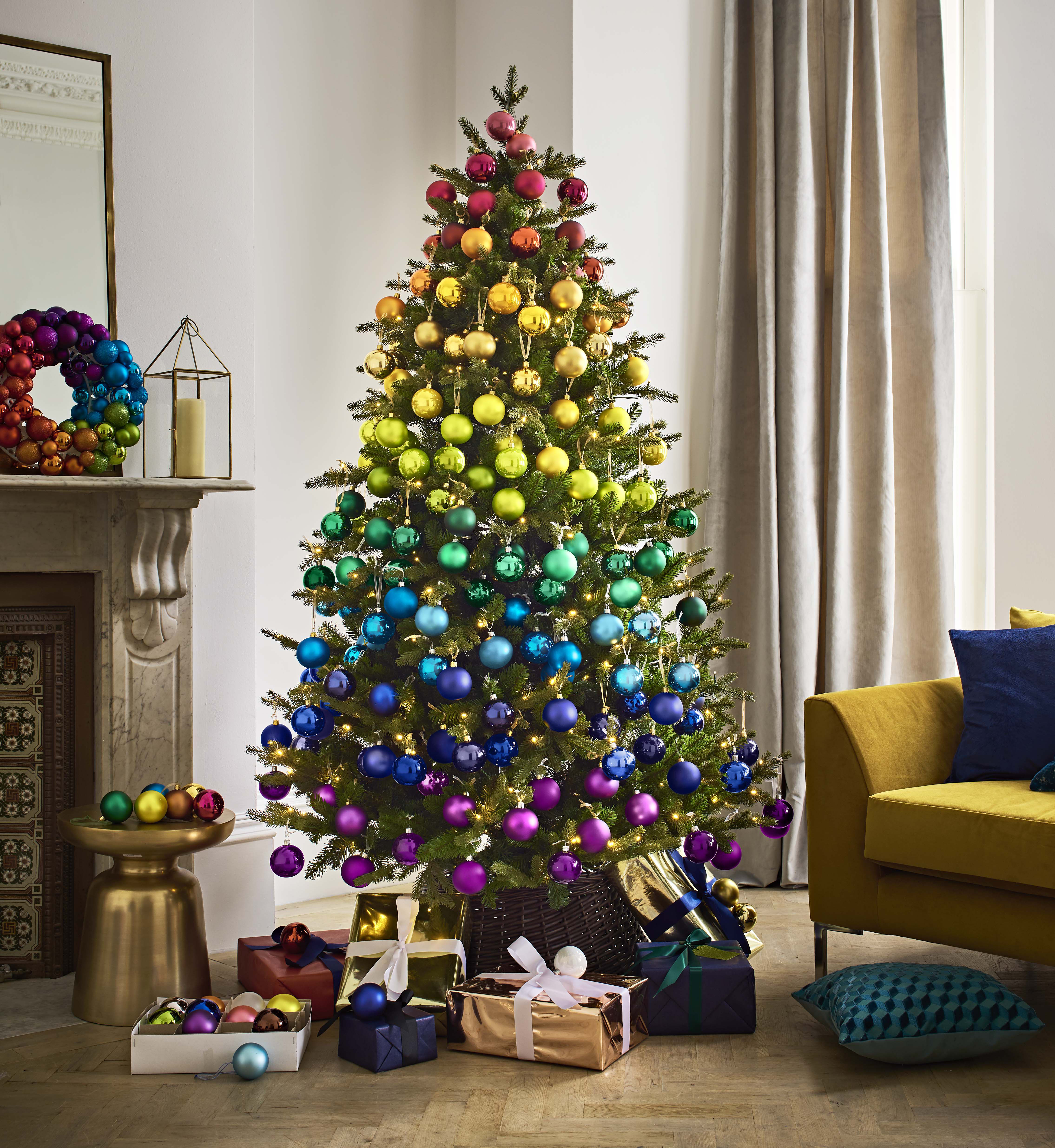 Christmas tree decorating ideas: John Lewis, Rainbow Bauble Wreath £25, Matt and Shiny Coloured Baubles from £2, Wrap, Tags and Ribbon from £2