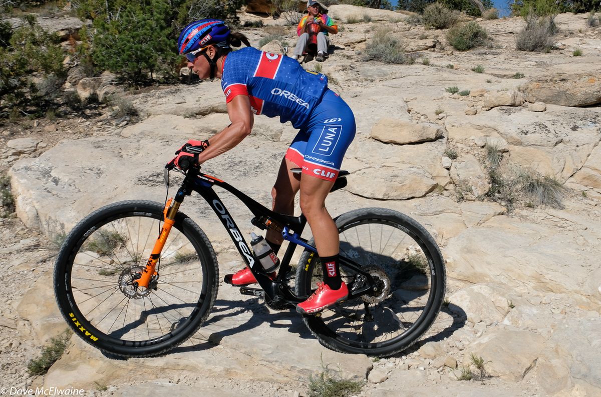 Katerina Nash (Clif Bar) descending some slickrock