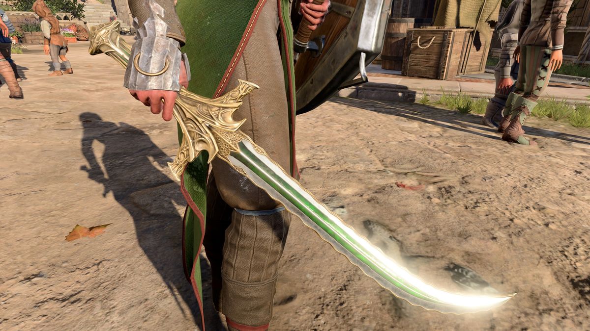 Close-up of Belm scimitar in character's hand in Baldur's Gate 3