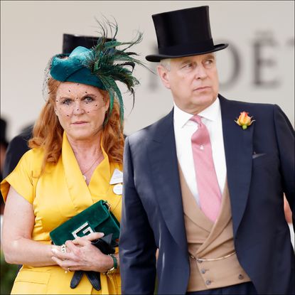 Sarah Ferguson wears a yellow dress with a green hat as she attends Royal Ascot with Prince Andrew, and the late Queen Elizabeth pets one of her corgis