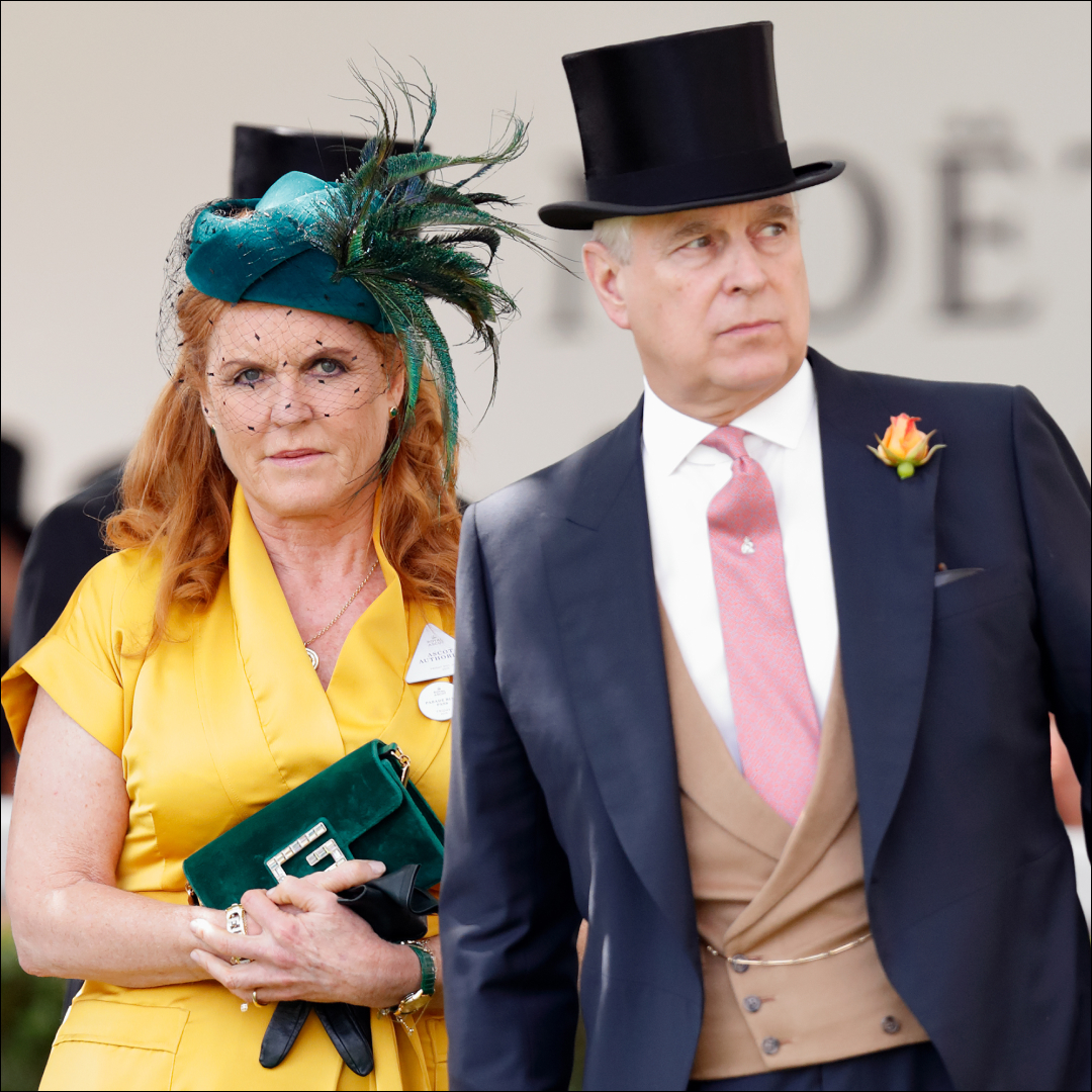 Sarah Ferguson wears a yellow dress with a green hat as she attends Royal Ascot with Prince Andrew, and the late Queen Elizabeth pets one of her corgis