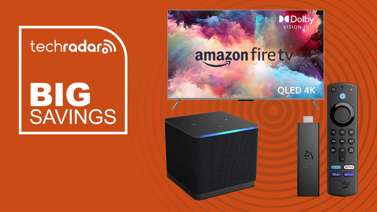 Amazon Fire TV device roundup with Fire TV Stick 4K Max, Cube and Omni QLED on orange background 