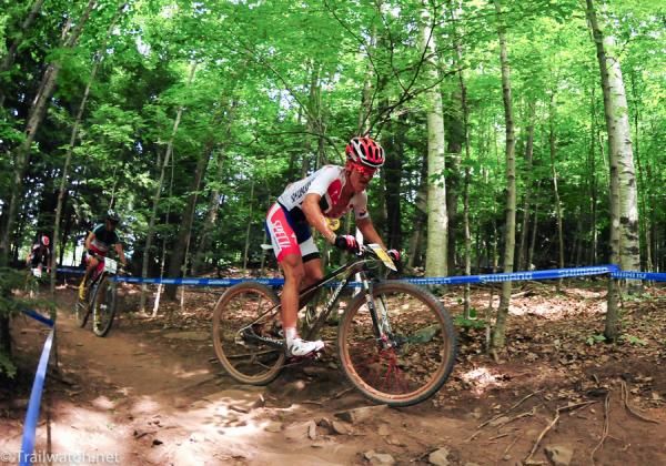 Burry Stander (Specialized) leading a select group through some tricky S-turns in the woods