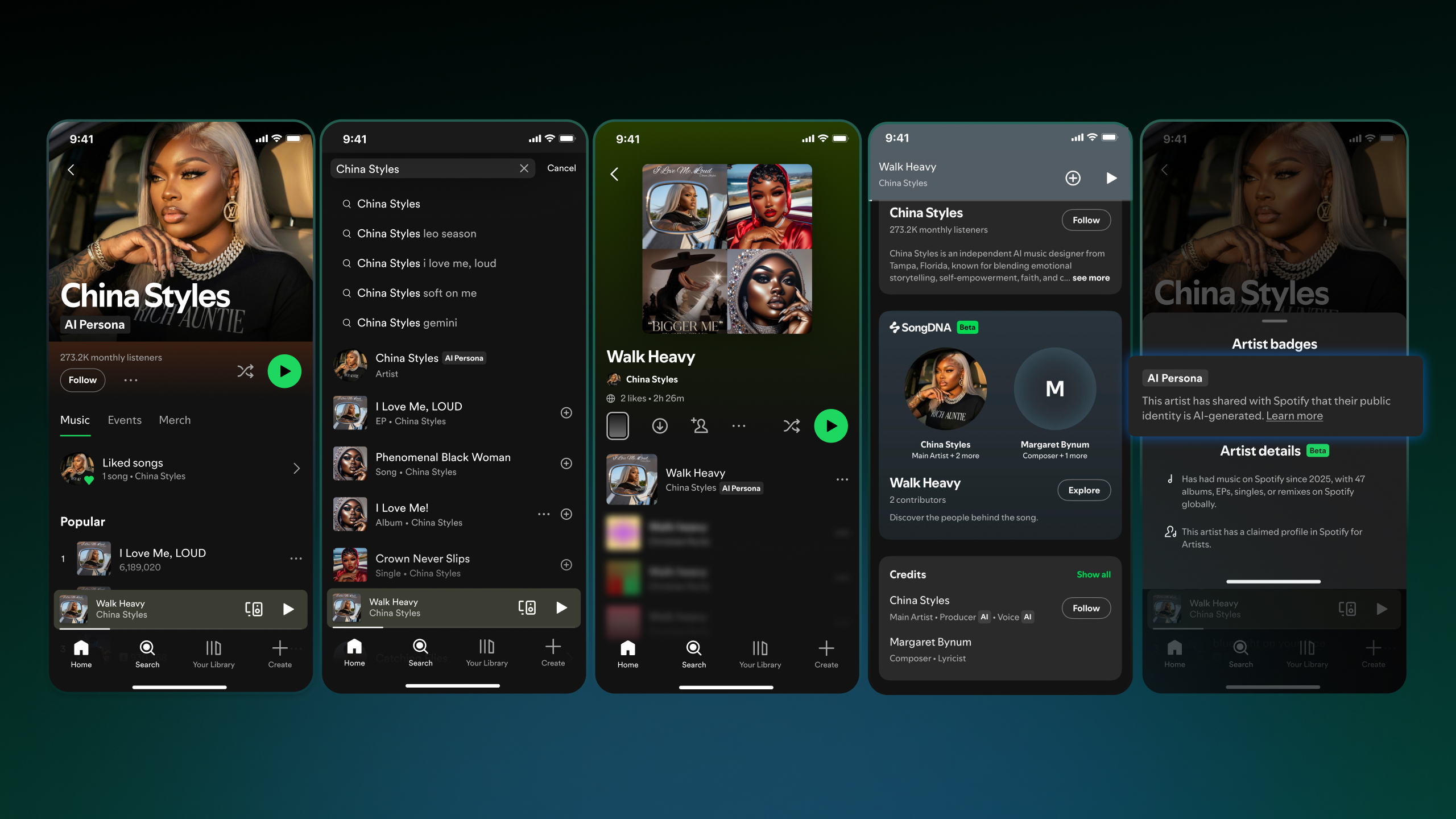 An infographic with five smartphone screens showing the Spotify app, and the different places where AI Persona tags appear
